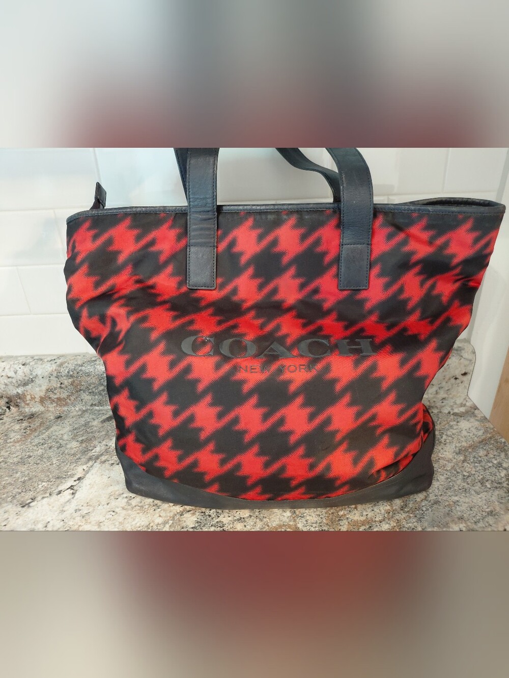 Coach Mercer Red & Black Nylon And Leather Houndstooth Tote Bag